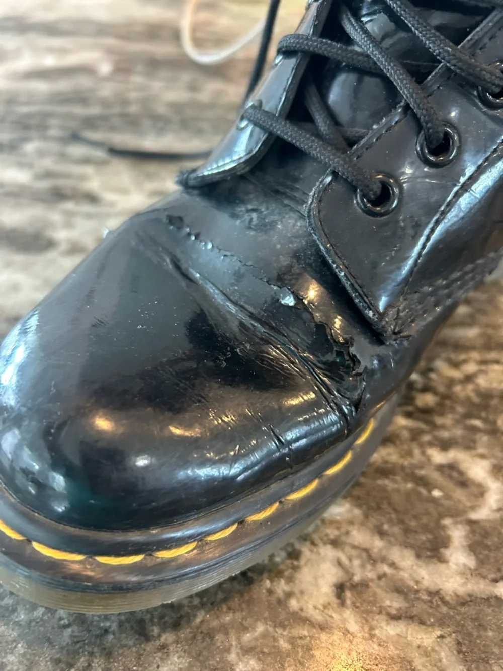 Dr. Martens Black Patent Combat Boots size tag faded 8? Have wear cracking punk - Picture 4 of 16